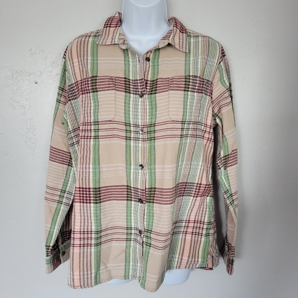 Woolrich Women's Large Pemberton Plaid Flannel Jacket Shacket Beige Green Red